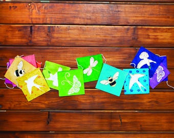 Nature Garland -Sustainable Handmade Paper bunting. Rainbow Lotta paper nature and element symbols. Party decor, birthday garland