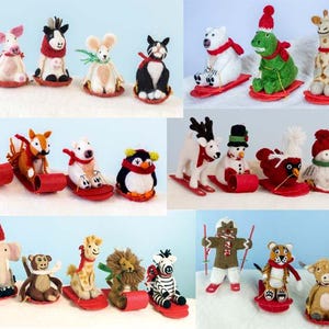 Sledding Adventure Pals, felt holiday Sledding ornaments, felt ornament, felt toy, felt fox , felt dinosaur, felt polar bear , felt mice
