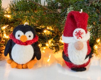 Chubby Santa and Pokey Penguin Ornaments/hand felted wool Christmas ornaments/ Felt Santa & felt Penguin Fair Trade Ornament
