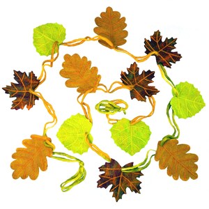 May include: A garland of felt leaves in autumn colors, including shades of green, brown, and gold. The leaves are connected by a thin, yellow string, creating a decorative fall-themed accent.