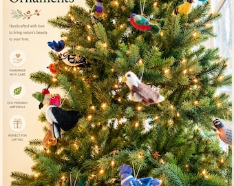 May include: A Christmas tree decorated with handmade felt bird ornaments. The ornaments are in various colors and designs, including a bluebird, a red and green bird, and a yellow bird. The tree is lit with warm white lights. The text on the image says "Handmade Felt Bird Ornaments".