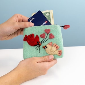 Bolsa: Monedero con diseño de pájaros cardenal Love Birds/Bolso con cremallera/Bolso para niños/Monedero/Monedero/Monedero/Bolso de fieltro/Cartera pequeña/Bolso de lana