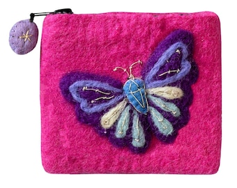 Pouch: rainbow Butterfly Coin Purse/Zippered Pouch/Kids Bag/Coin Pouch/money purse/change purse/felt bag/felt pouch/small wallet/wool bag