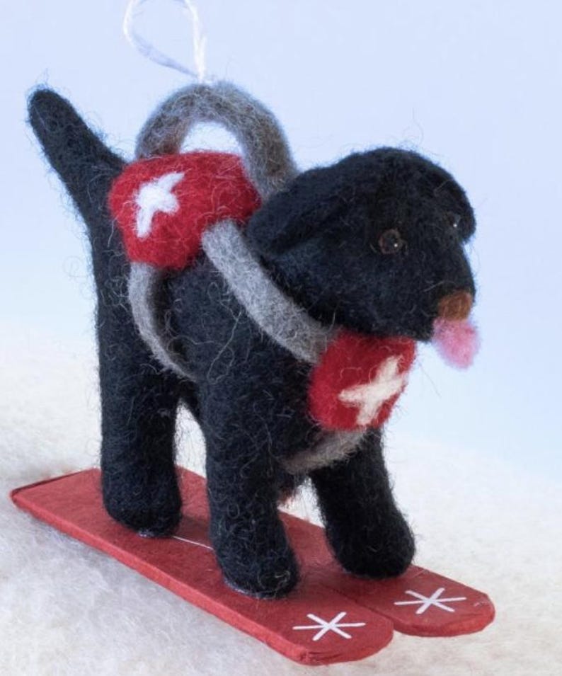 Skiing ornament collection / Fun Felt Kids Ornaments / Fair Trade Christmas Ornaments/ Felt Animals on Skis Black Lab