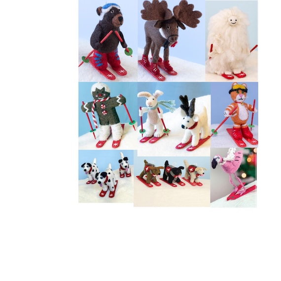 Skiing ornament collection / Fun Felt Kids Ornaments / Fair Trade Christmas Ornaments/ Felt Animals on Skis