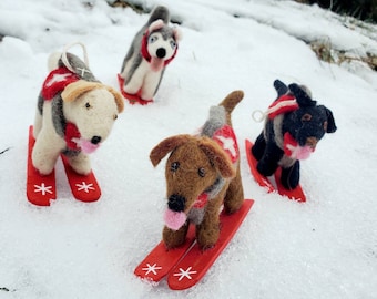 Dog ornaments. Rescue dogs Ski Ornaments - hand felted wool Christmas ornaments. black lab, chocolate lab, yellow lab and husky dog ornament