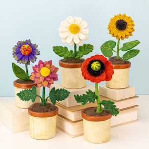 Fair Trade Potted Felt Flower - Fake Felt Flowers - Sunflower- Poppy- Dahlia - Daisy - Cone Flower- Mother&#39;s Day - Summer Décor Office Gift