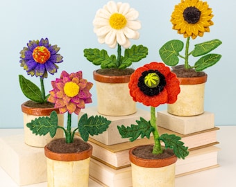Fair Trade Potted Felt Flower - Fake Felt Flowers - Sunflower- Poppy- Dahlia - Daisy - Cone Flower- Mother's Day - Summer Décor Office Gift