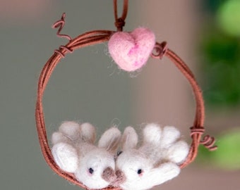 Miniature Love Birds Wreath / Love Birds Wreath ornament/  needle felt dove ornament / wedding Ornament / Anniversary Gift / Valentines Gift