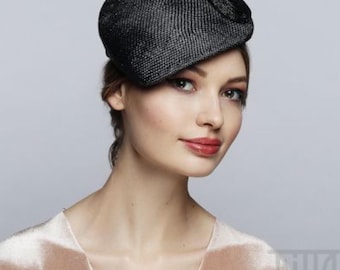 Black Derby Hat with Rhinestone Bow – Elegant Tea Party Headpiece