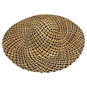 May include: A wide-brimmed sun hat with a woven pattern of natural beige and black. The hat features a rounded crown and a broad, floppy brim, offering ample shade. The weave creates a textured surface, perfect for sunny days.