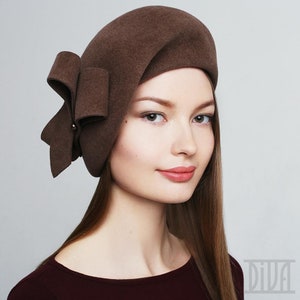 Pelz Filz Baskenmütze mit Schleife Damen Wintermütze