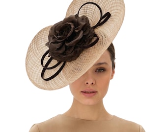 Beige Kentucky Derby Fascinator Hat with Brown Flower, Sinamay Ascot Hat
