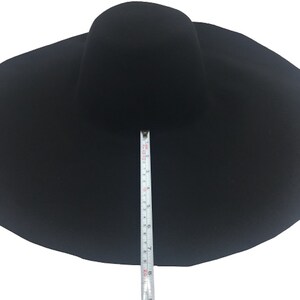 May include: A black wide-brimmed felt hat with a 9-inch brim.