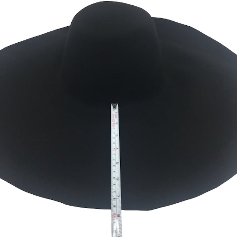 May include: A black wide-brimmed felt hat with a 9-inch brim.