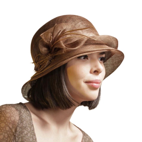 Women\'s Tan Felt Cloche Hat with Feather Accent size 7 1/2 Feather Cloche Hat - Etsy main image 2