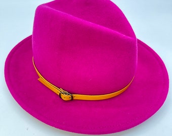 Fuchsia Felt Fedora Hat with Adjustable Leather Hatband