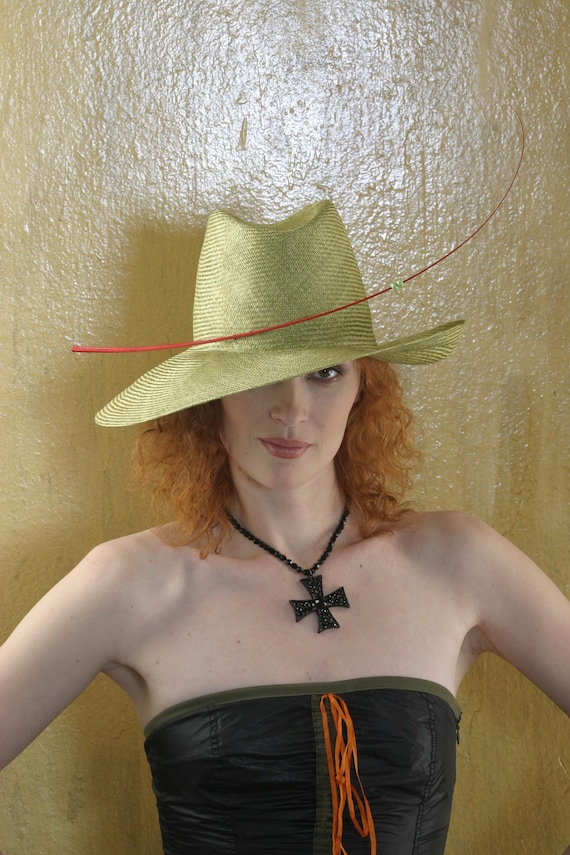 Green Fedora Hat With Red Quill Elegant Ladies Headwear - Etsy display picture 1