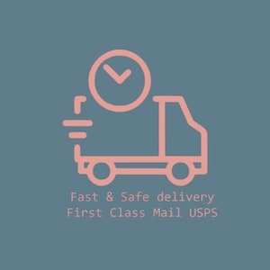 May include: Pink line drawing of a delivery truck with a checkmark inside a circle above it. The text below reads "Fast & Safe delivery First Class Mail USPS".