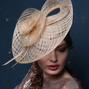 Exquisite Sinamay Fascinator Derby Hat for Women Blue with White Flower Light biege@gold quadretto