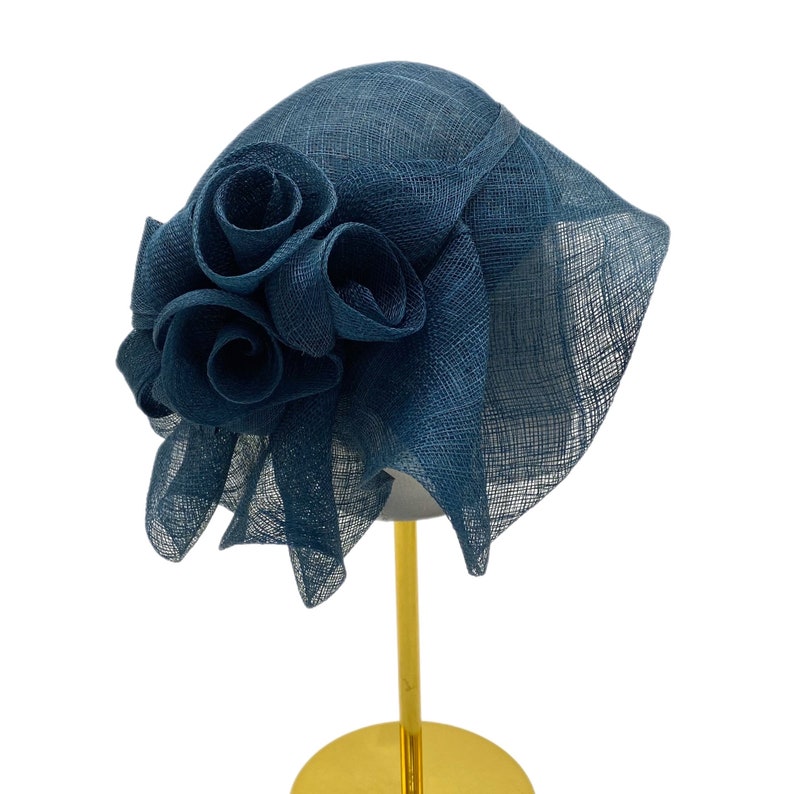 Azalea Cloche with Flowers Derby Wedding Hat Petrol blue