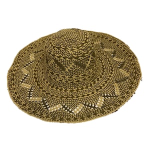 Vintage woven sun hat body with a wide brim. The hat features a mix of olive green and tan colors in a patterned design.