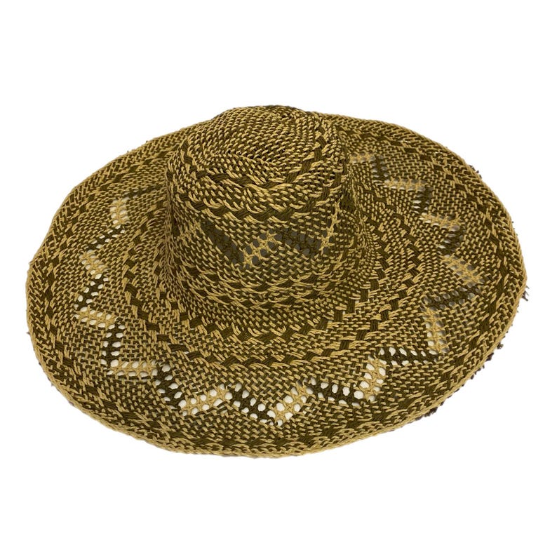 Vintage woven sun hat body with a wide brim. The hat features a mix of olive green and tan colors in a patterned design.