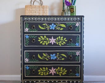 Hand painted vintage floral Lebus chest of draws