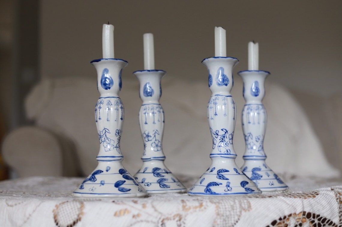 Antique Blue Willow China Candle Holders Set Blue and White Etsy