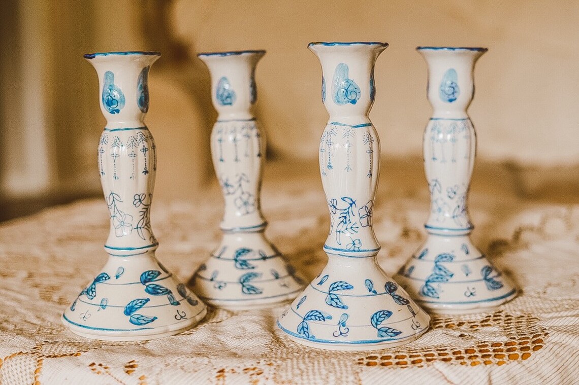 Antique Blue Willow China Candle Holders Set Blue and White Etsy