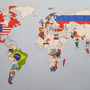 May include: A world map with flags of different countries drawn on it. The flags are drawn in colour and are representative of the countries they represent. The map is drawn on a light blue background.