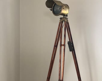 Antique Industrial Brass Floor Lamp On Tripod Surveyor Base 1920s