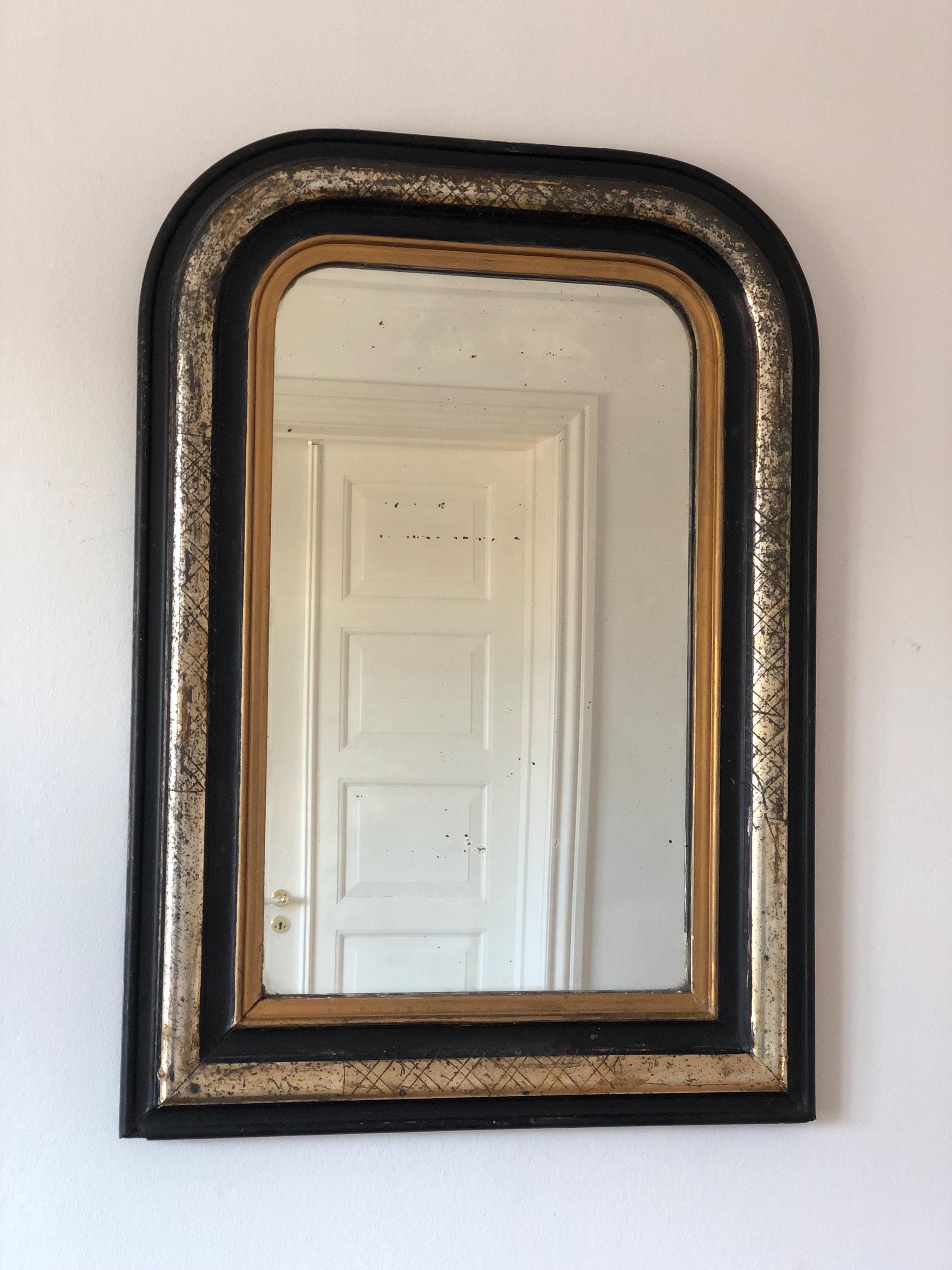 High Quality Antique Louis Philippe French Mirror in Black, Silver and Gold Late 19th Century