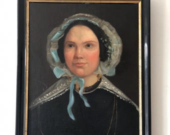 Pintura al óleo antigua original de una dama holandesa, retrato del siglo XIX.