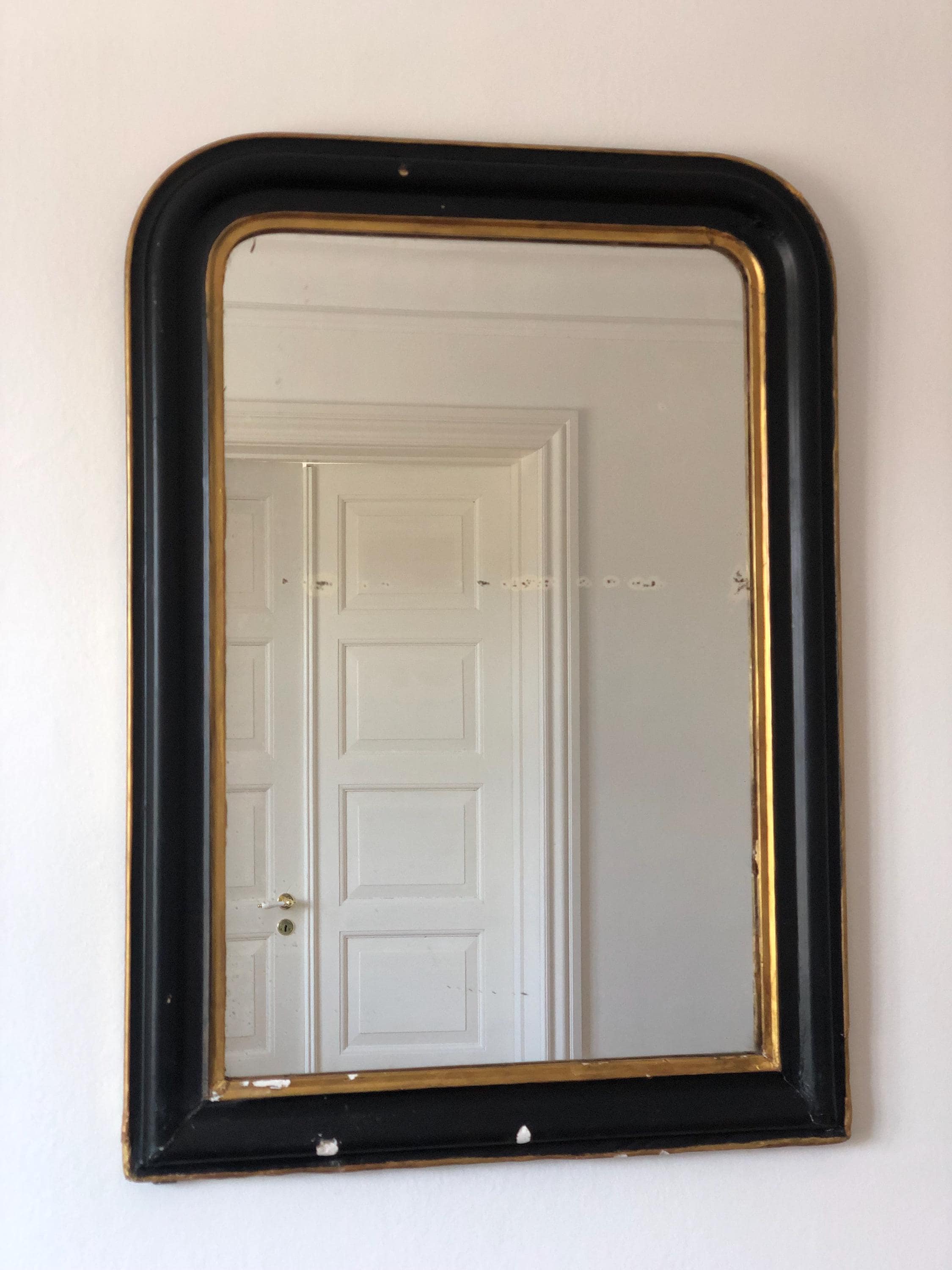 ルイ・フィリップ作、黒と金の大きなアンティークフランス製鏡、19世紀