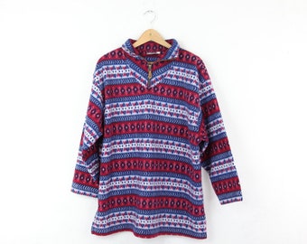 Vintage Fleece Sweater | Red, Blue, White Patterned