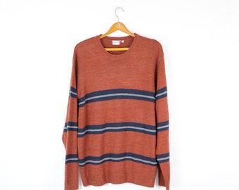 Vintage Knitted Sweater | Orange & Dark Blue Striped