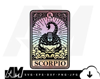 May include: A rectangular graphic design featuring a black scorpion silhouette centered within an ornate frame. The background displays a pastel gradient of pink, blue, and yellow with a sunburst pattern. The word SCORPIO is printed at the bottom.