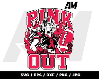 May include: A graphic illustration featuring a football player wearing a helmet and jersey with a pink ribbon, holding a football. The text PINK OUT is displayed in bold pink letters. Flames surround the figure in black and pink colors.