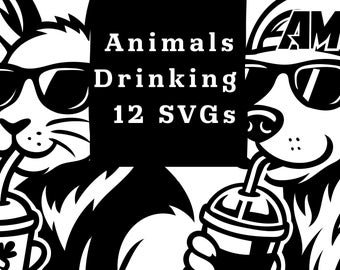 Animals Drinking SVG Bundle, 12 Designs, Animal Lover Clipart (Digital Download)