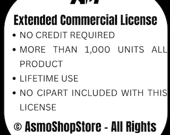 May include: A white graphic with the text "Extended Commercial License" and bullet points detailing the license terms. The graphic includes the text "NO CREDIT REQUIRED" and "LIFETIME USE". The logo "AM" is at the top.