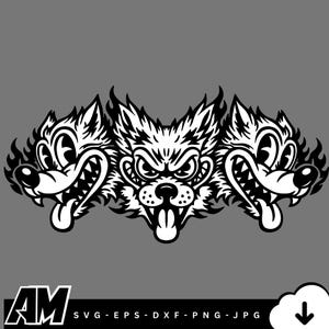 May include: A black and white graphic of three cartoon wolf heads with sharp teeth and tongues sticking out. The image includes the text "AM" and file type options: SVG, EPS, DXF, PNG, and JPG.