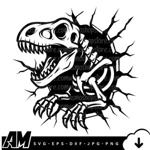 May include: A black and white graphic of a dinosaur skeleton bursting through a wall. The dinosaur's head, arms, and rib cage are visible, with sharp teeth and claws. The image includes the text "AM" and "SVG - EPS - DXF - JPG - PNG".