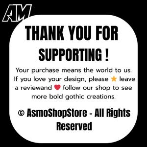 Puede incluir: Gr&aacute;fico en blanco y negro con el texto "THANK YOU FOR SUPPORTING!" y un aviso de copyright para AsmoShopStore. El texto tambi&eacute;n incluye un mensaje sobre compras y rese&ntilde;as.