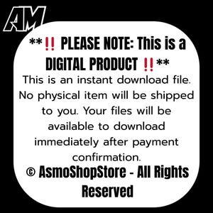 Puede incluir: Gr&aacute;fico en blanco y negro con el texto "**!! TENGA EN CUENTA: Este es un PRODUCTO DIGITAL !! **" y otro texto que indica que es un archivo de descarga instant&aacute;nea. La imagen tambi&eacute;n incluye el aviso de copyright de AsmoShopStore.