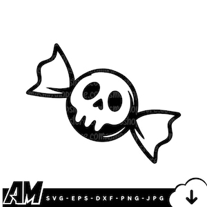 May include: Black and white graphic of a wrapped candy with a skull design. The candy wrapper has a classic shape. The image includes the text "SVG-EPS-DXF-PNG-JPG".