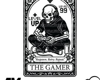 The Gamer Skeleton Tarot Card SVG, Spooky Gothic Gamer PNG-bestand voor Cricut