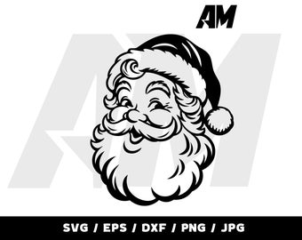 May include: A black and white graphic illustration of a smiling Santa Claus head wearing a traditional hat with a pom-pom. The design features bold lines and includes the text AM at the top and SVG / EPS / DXF / PNG / JPG at the bottom.