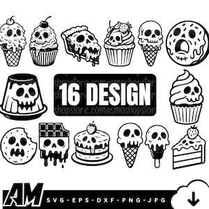 Può includere: Illustrazione in bianco e nero di 16 design di dolci con motivi a teschio, tra cui cupcake, gelati e pizza. L'immagine include il testo "16 DESIGN" e informazioni sui tipi di file.