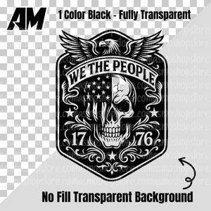 Puede incluir: Gr&aacute;fico en blanco y negro que presenta una calavera con un dise&ntilde;o de bandera estadounidense y el texto "WE THE PEOPLE". El dise&ntilde;o incluye un &aacute;guila con las alas extendidas, los n&uacute;meros "17" y "76", y adornos decorativos. Tambi&eacute;n est&aacute;n presentes las palabras "1 Color Black - Fully Transparent" y "No Fill Transparent Background".